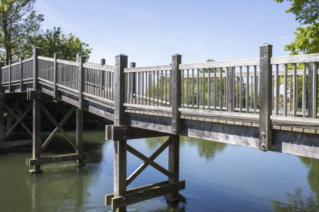 Landscapes-timber bridge over pond