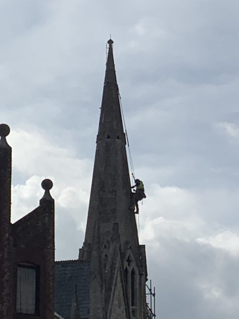 Dorchester United Church-spire repairs-abseil-head for heights